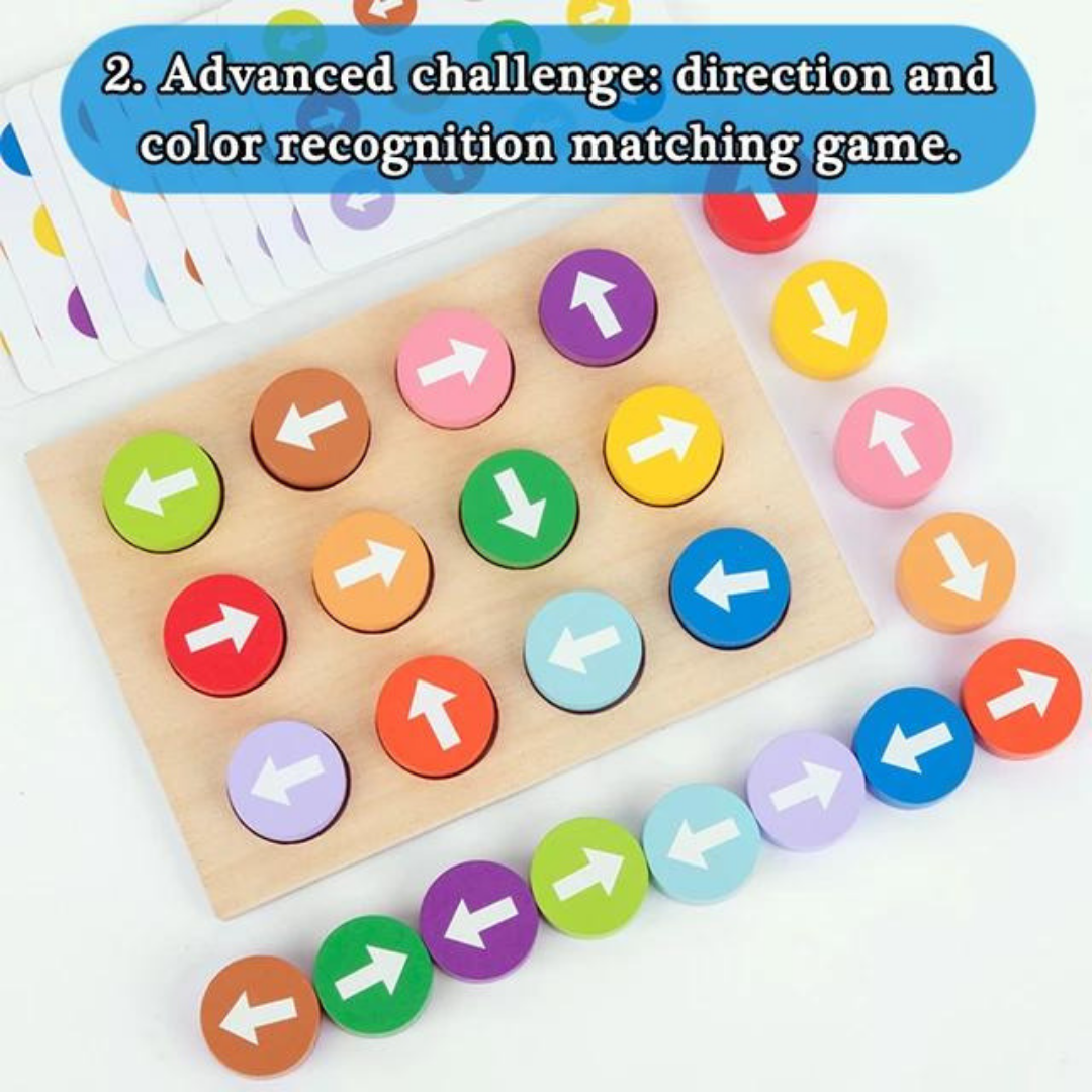 تحدٍّ ببطاقات مزدوجة الوجه من الخشب بألوان متنوعة: لعبة مطابقة اتجاهات لتنمية مهارات التمييز لدى الأطفال