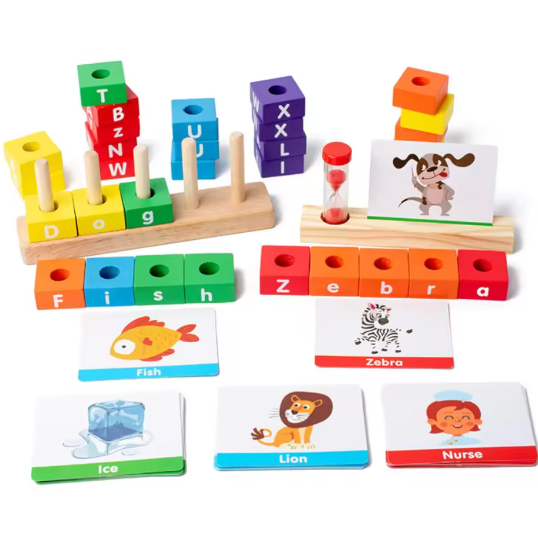 "مجموعة ألعاب كتل الحروف الخشبية: تعليمية لبناء مهارات التهجئة والمفردات للأطفال"
