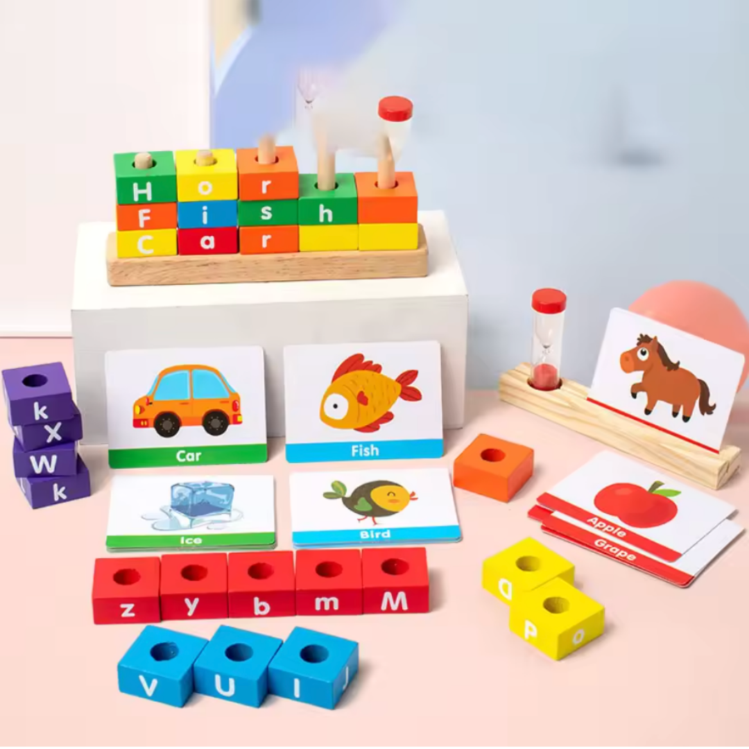 "مجموعة ألعاب كتل الحروف الخشبية: تعليمية لبناء مهارات التهجئة والمفردات للأطفال"