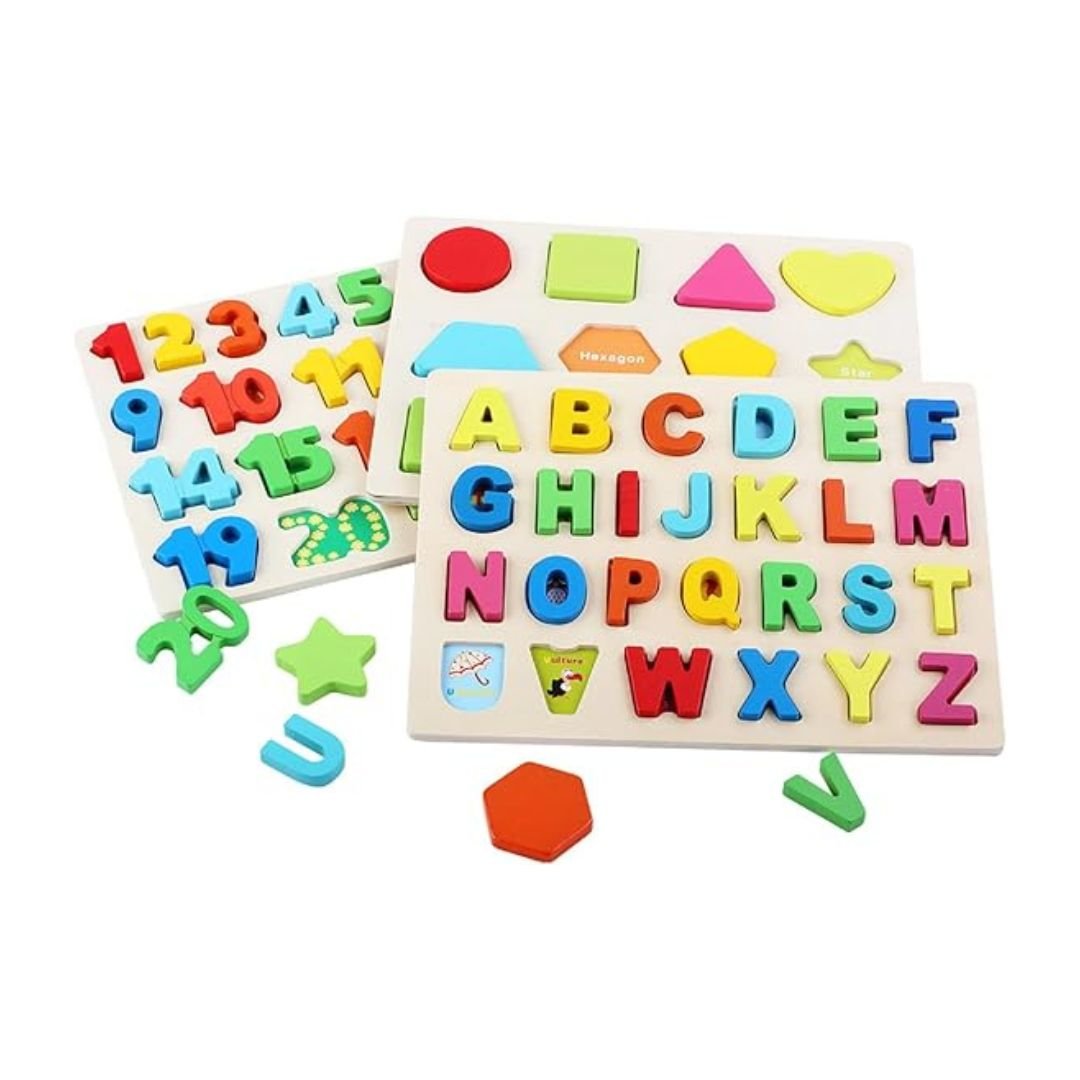 3 - in - 1 Wooden Learning Puzzle Set – Alphabet, Numbers & Shapes for Kids - Fun Learning Store