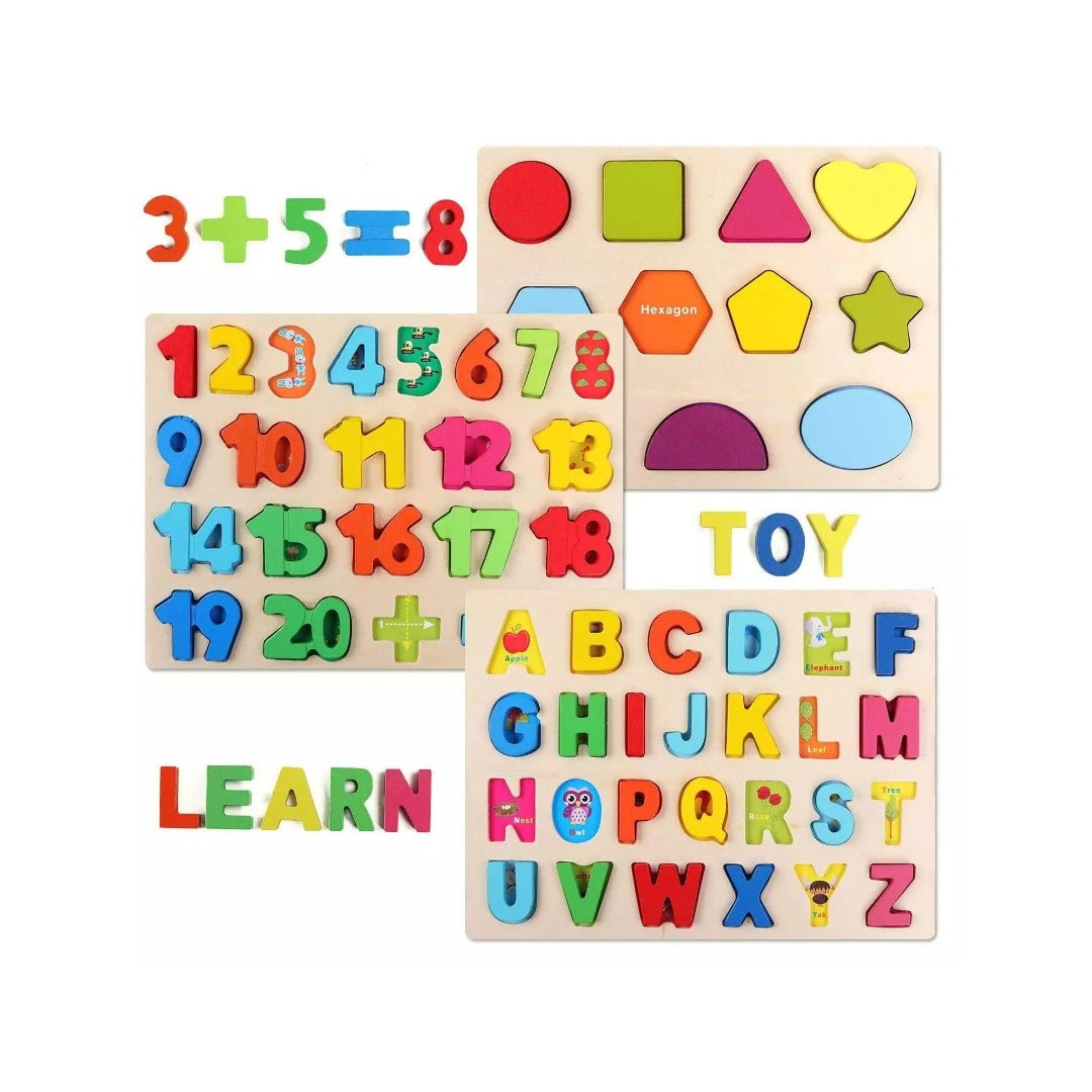 3 - in - 1 Wooden Learning Puzzle Set – Alphabet, Numbers & Shapes for Kids - Fun Learning Store
