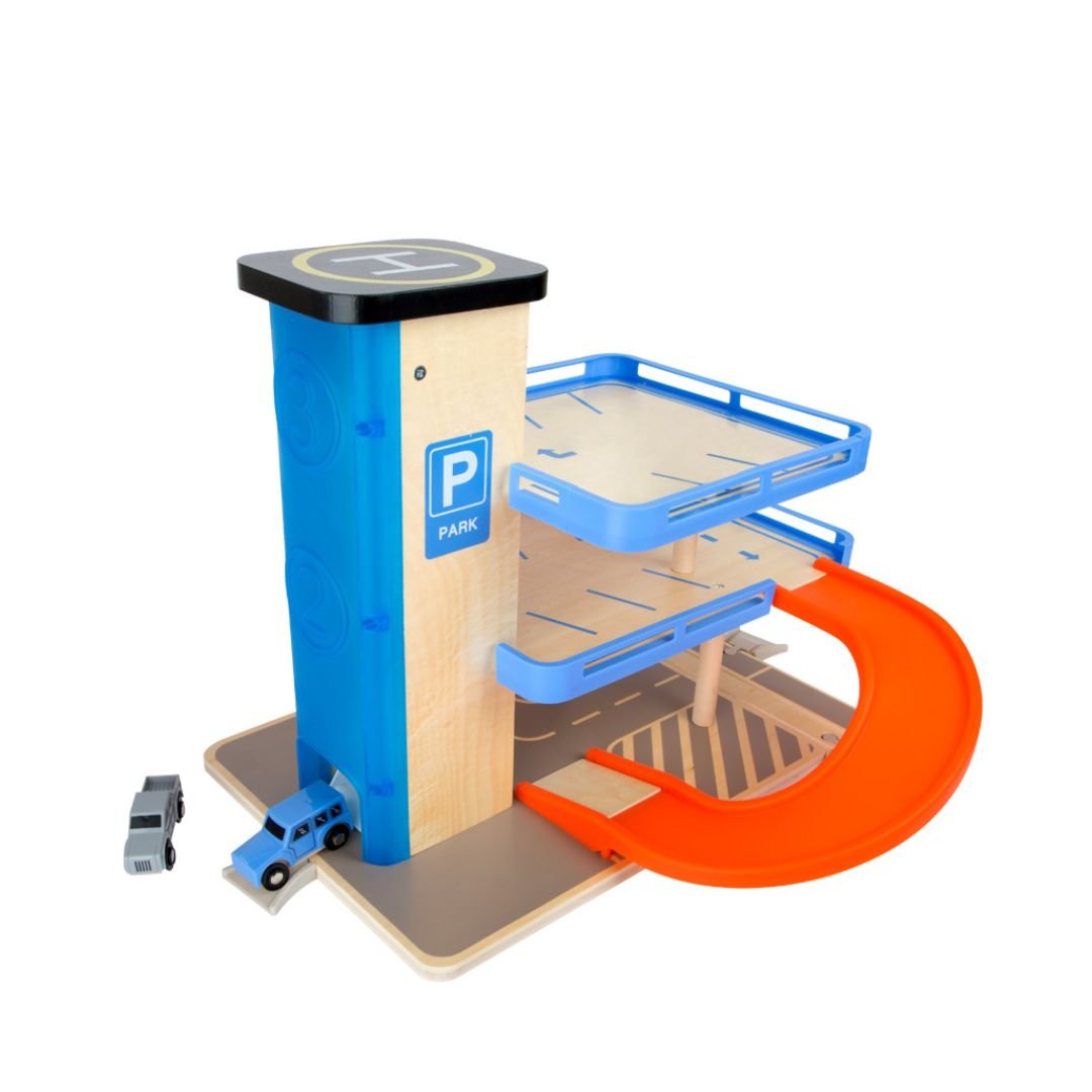 3 - Level Interactive Wooden Garage Playset with Cars, Helicopter & Elevator – 35 - Piece Toy Set for Kids - Fun Learning Store