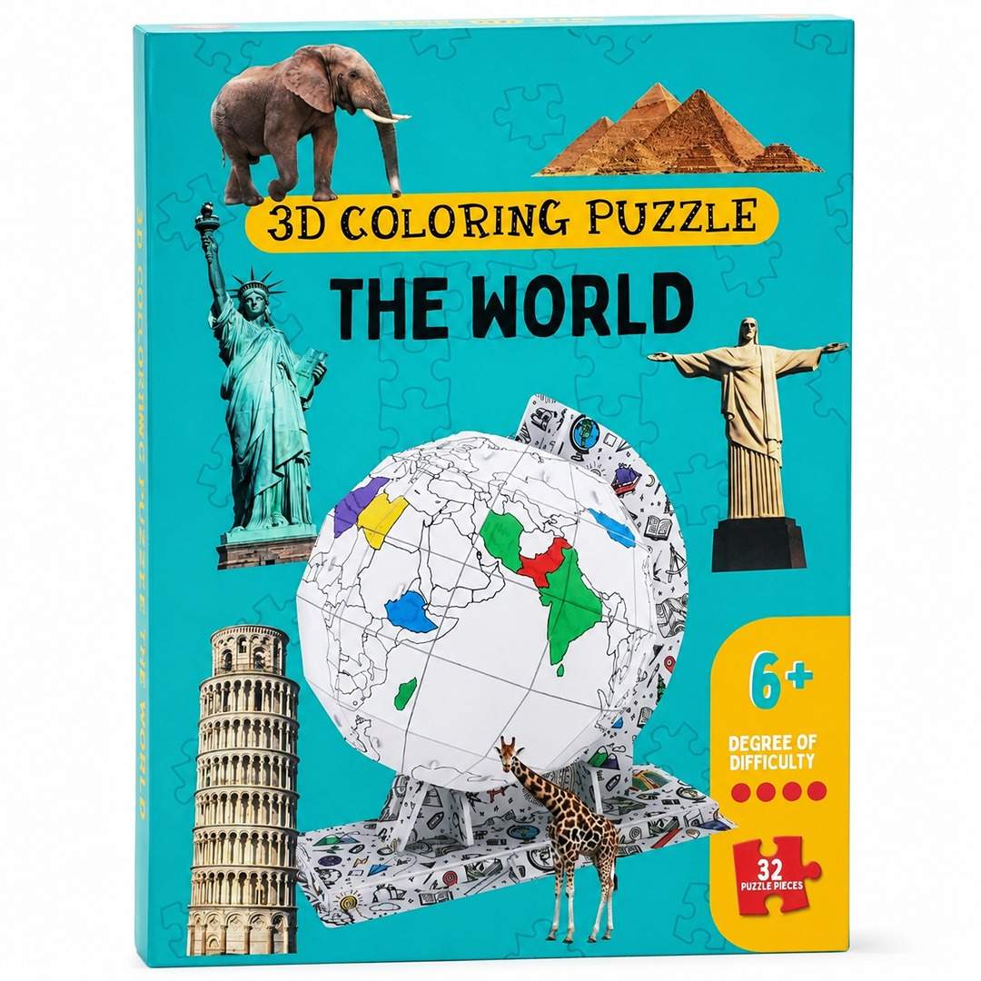 3D Coloring Puzzle – World | Educational Wooden Geography Puzzle for Kids - Fun Learning Store