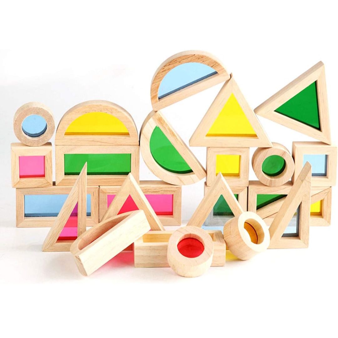 أشكال البناء الخشبية الملونة للأطفال الرضع - مجموعة 24 قطعة من كتل الإحساس والتعليم الملونة