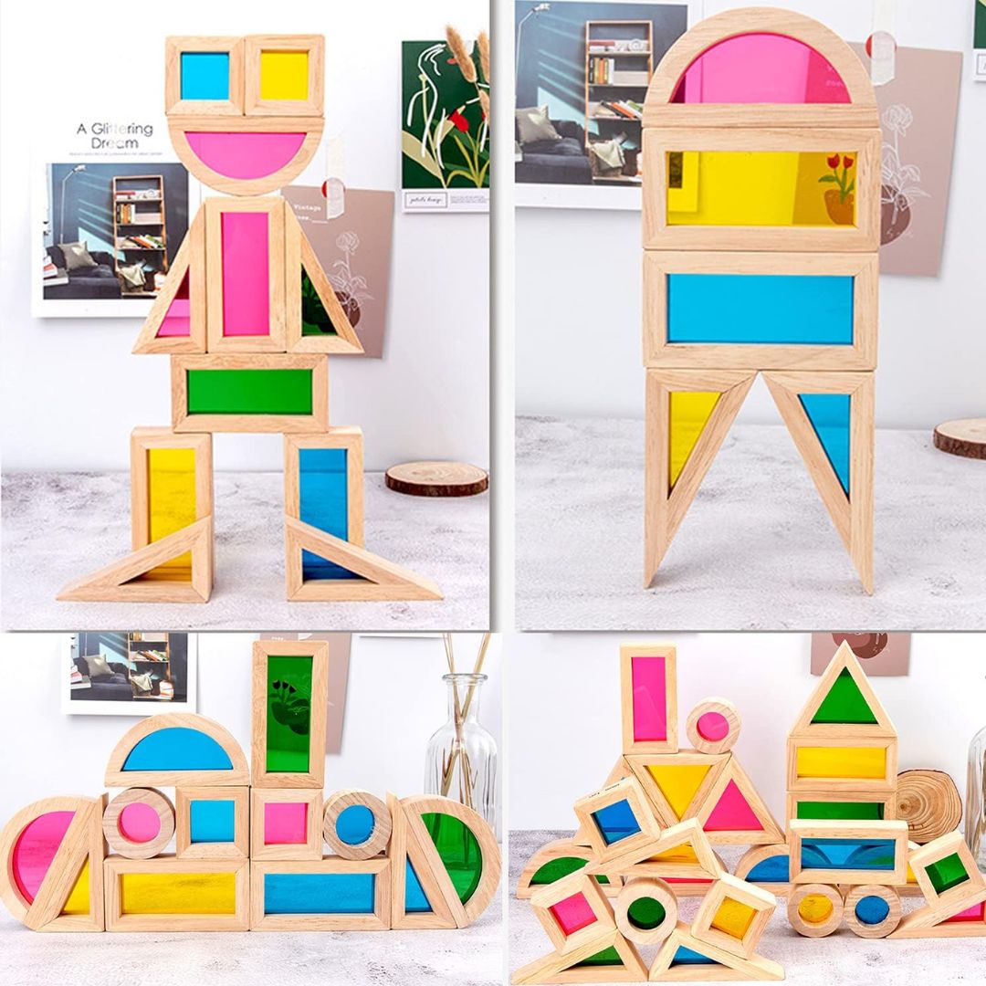 Large Wooden Building Blocks for Toddlers - 24-Piece Set of Sensory and Educational Rainbow Blocks