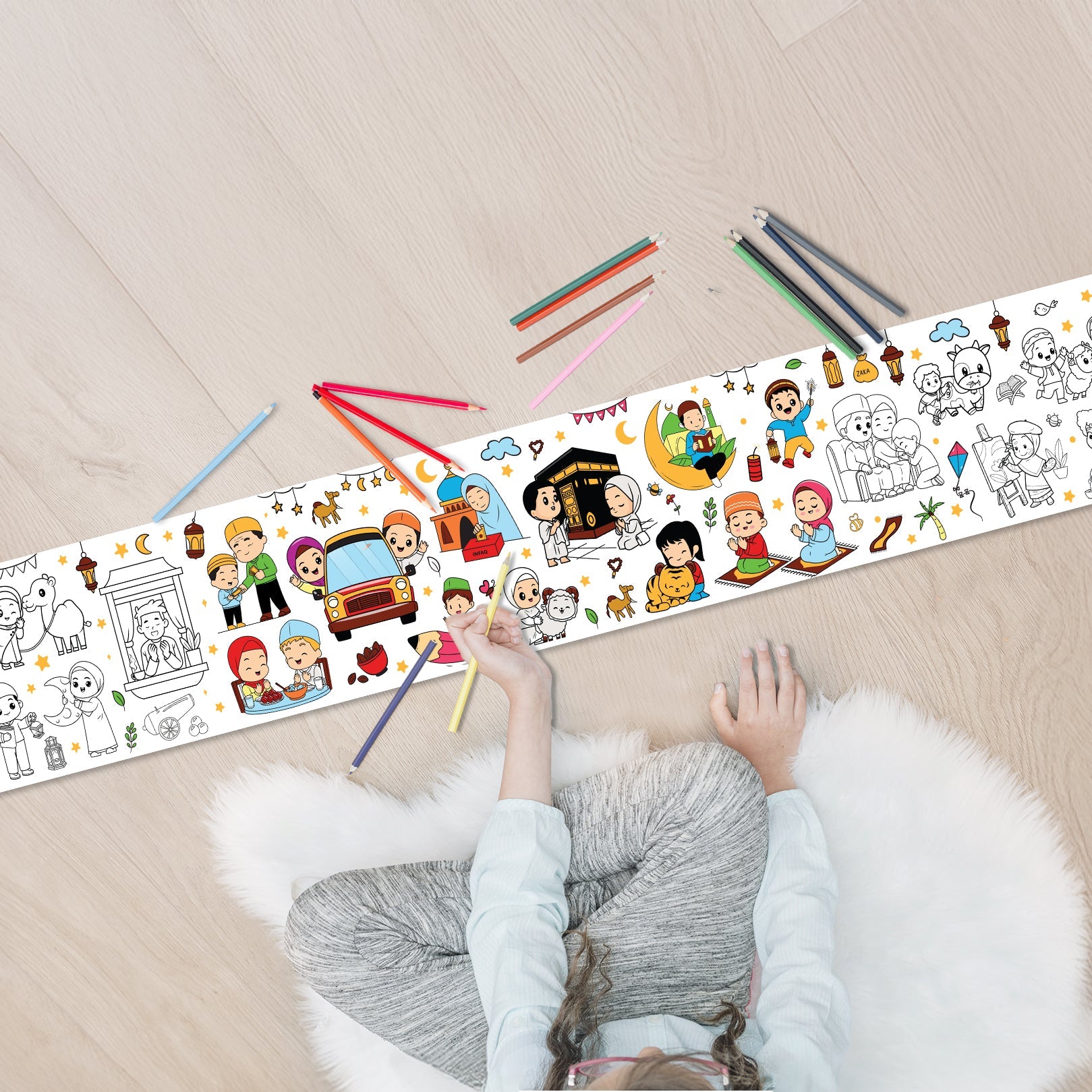 Muslim Kids Coloring Poster for Kids – 0.3×3 Meter with Coloring Pens – Fun & Engaging Islamic Designs - Fun Learning Store 