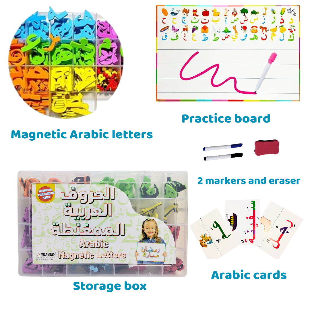 Comes with 2 Markers + 1 Eraser + Arabic Words CARDS, 2 in 1 Learning Letters & Colours, Arabic Consonants, Learning Games
