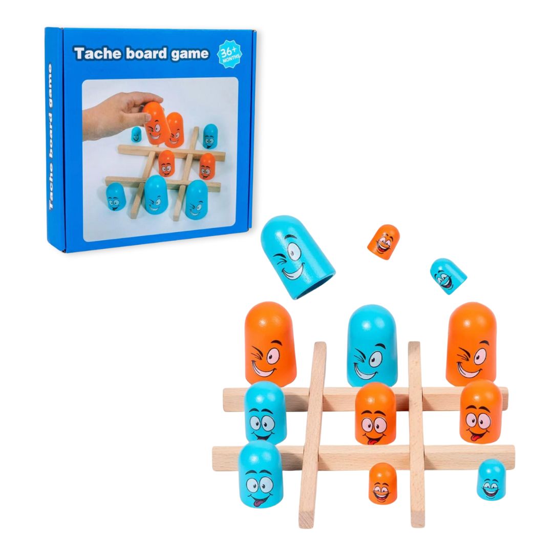 Wooden Tic Tac Toe Board Games with Smiling Faces, a Set of 3 Classic Family and Children's Educational Toys For the Desk