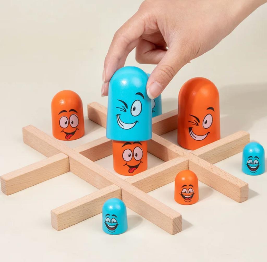Wooden Tic Tac Toe Board Games with Smiling Faces, a Set of 3 Classic Family and Children's Educational Toys For the Desk