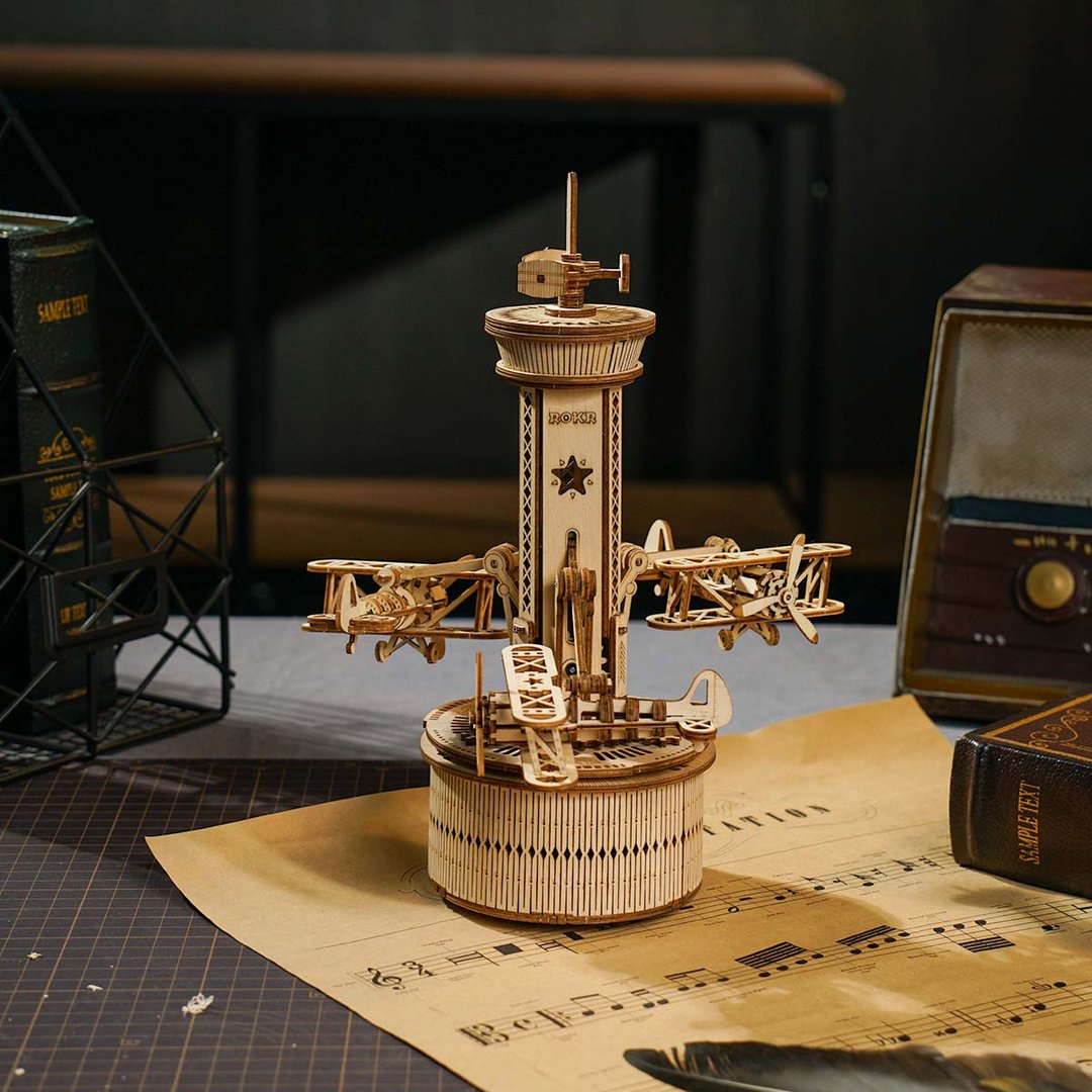 Airplane Control Tower: Robotime 3D Wooden Puzzle Mechanical Gear Music Box - Fun Learning Store