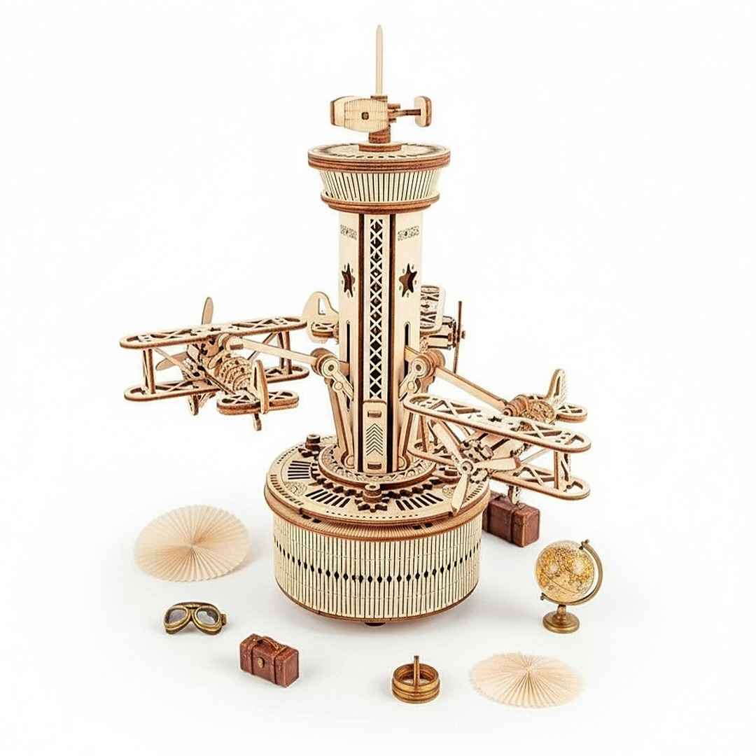 Airplane Control Tower: Robotime 3D Wooden Puzzle Mechanical Gear Music Box - Fun Learning Store