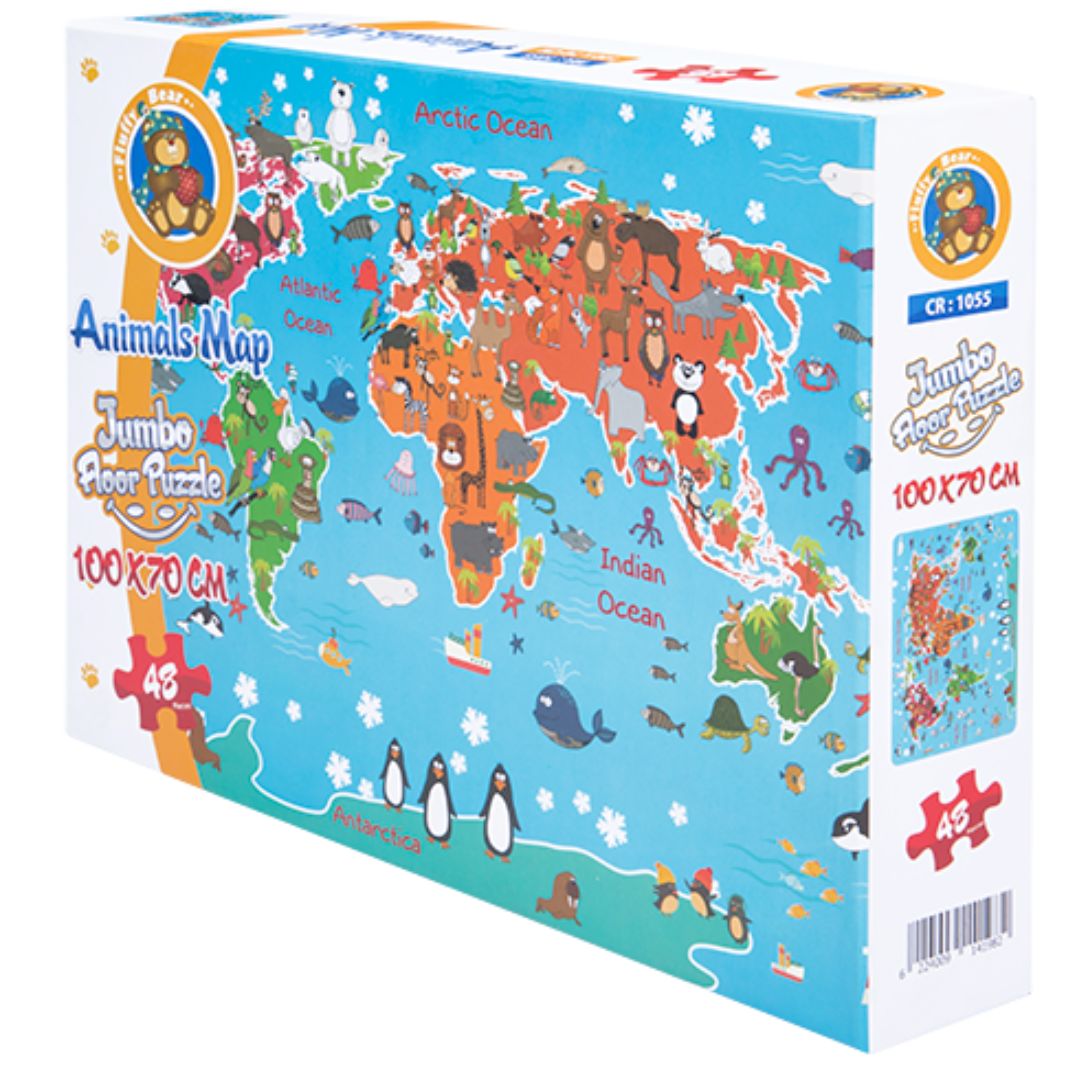 Animals Map Jumbo Floor Puzzle in English for Kids - 48 Pieces - Fun Learning Store