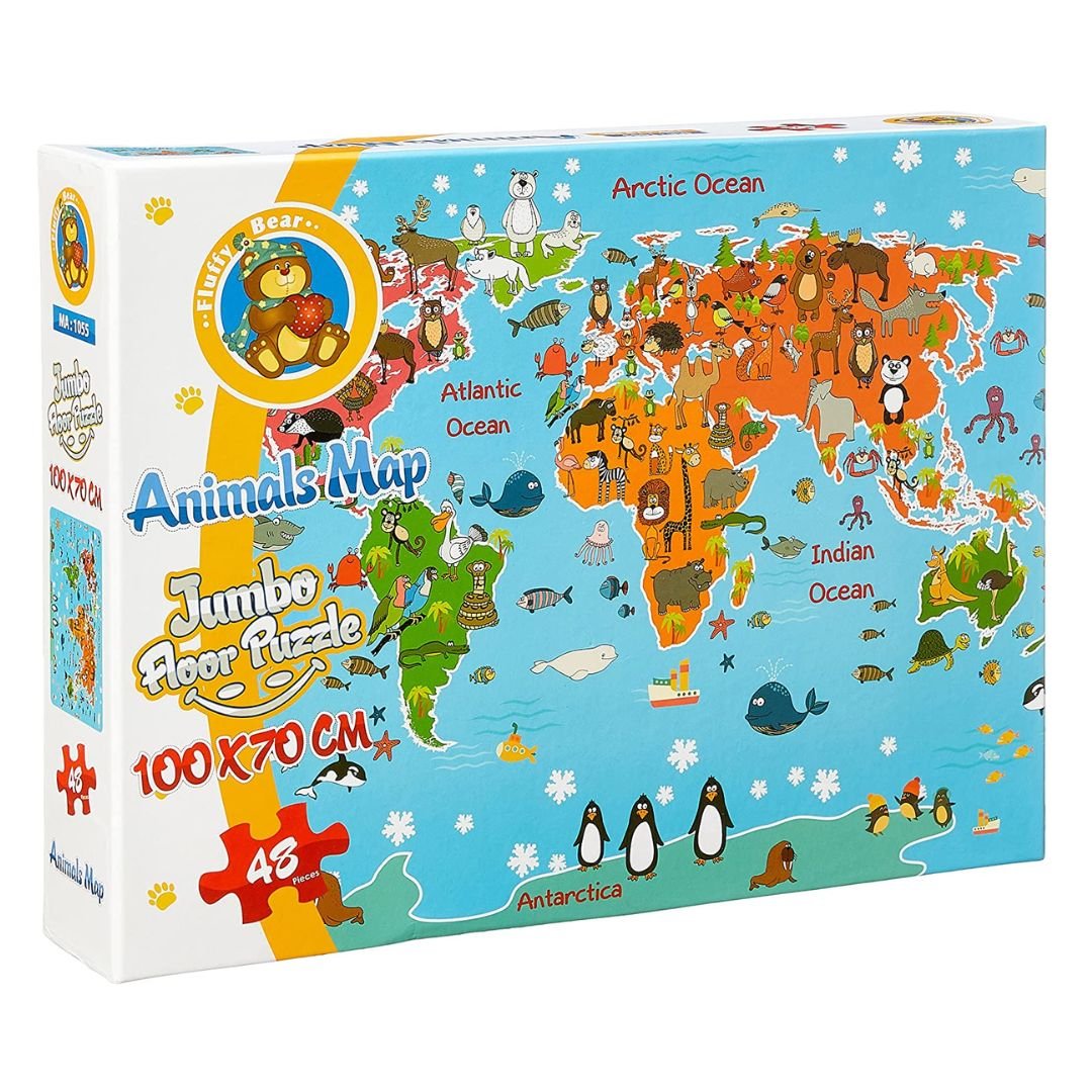 Animals Map Jumbo Floor Puzzle in English for Kids - 48 Pieces - Fun Learning Store