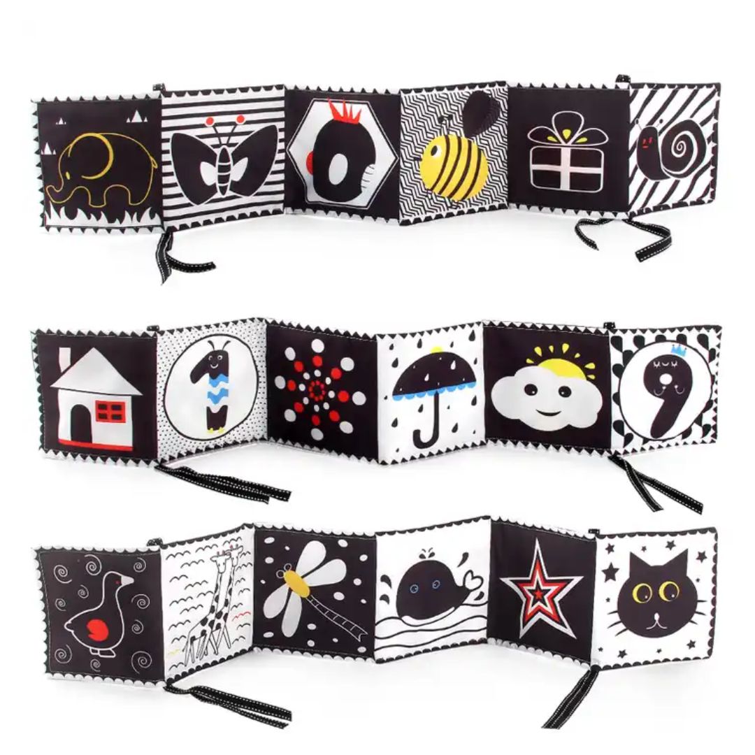 Toddlers Black and White Activity Cloth Book - Sensory Baby Soft Crib Folding Toy
