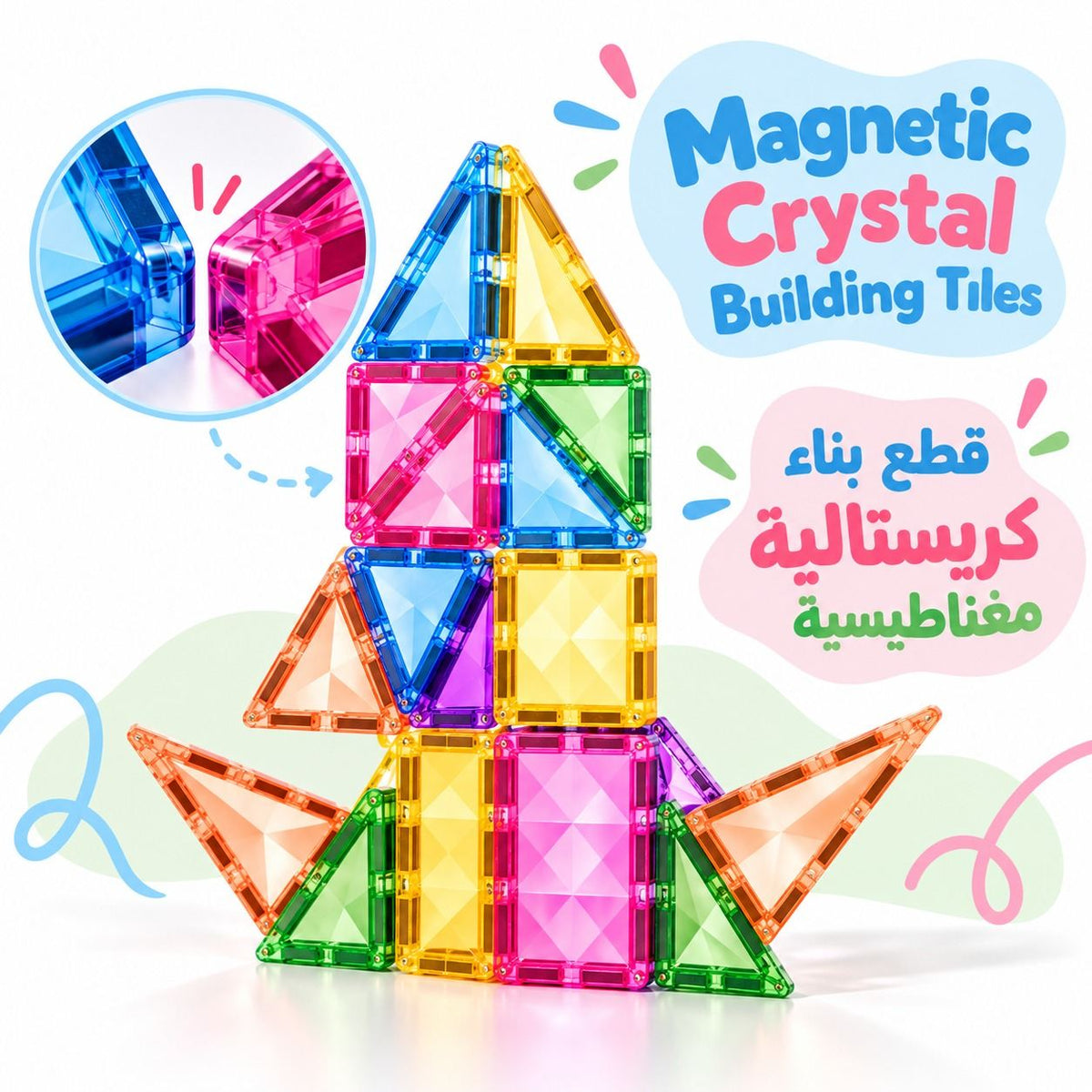 Colorful Diamond Surface Magnetic Tiles – 52-Piece Magnetic Building Set with Metal Storage Tin - Fun Learning Store