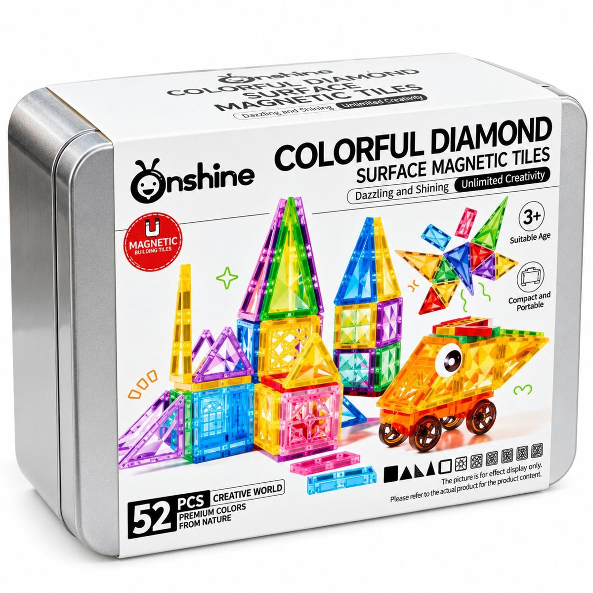 Colorful Diamond Surface Magnetic Tiles – 52-Piece Magnetic Building Set with Metal Storage Tin - Fun Learning Store