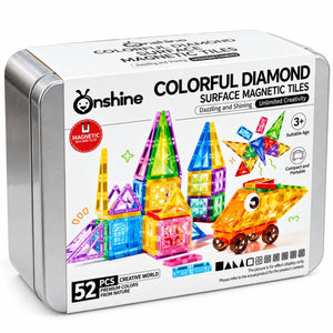 Colorful Diamond Surface Magnetic Tiles – 52-Piece Magnetic Building Set with Metal Storage Tin - Fun Learning Store