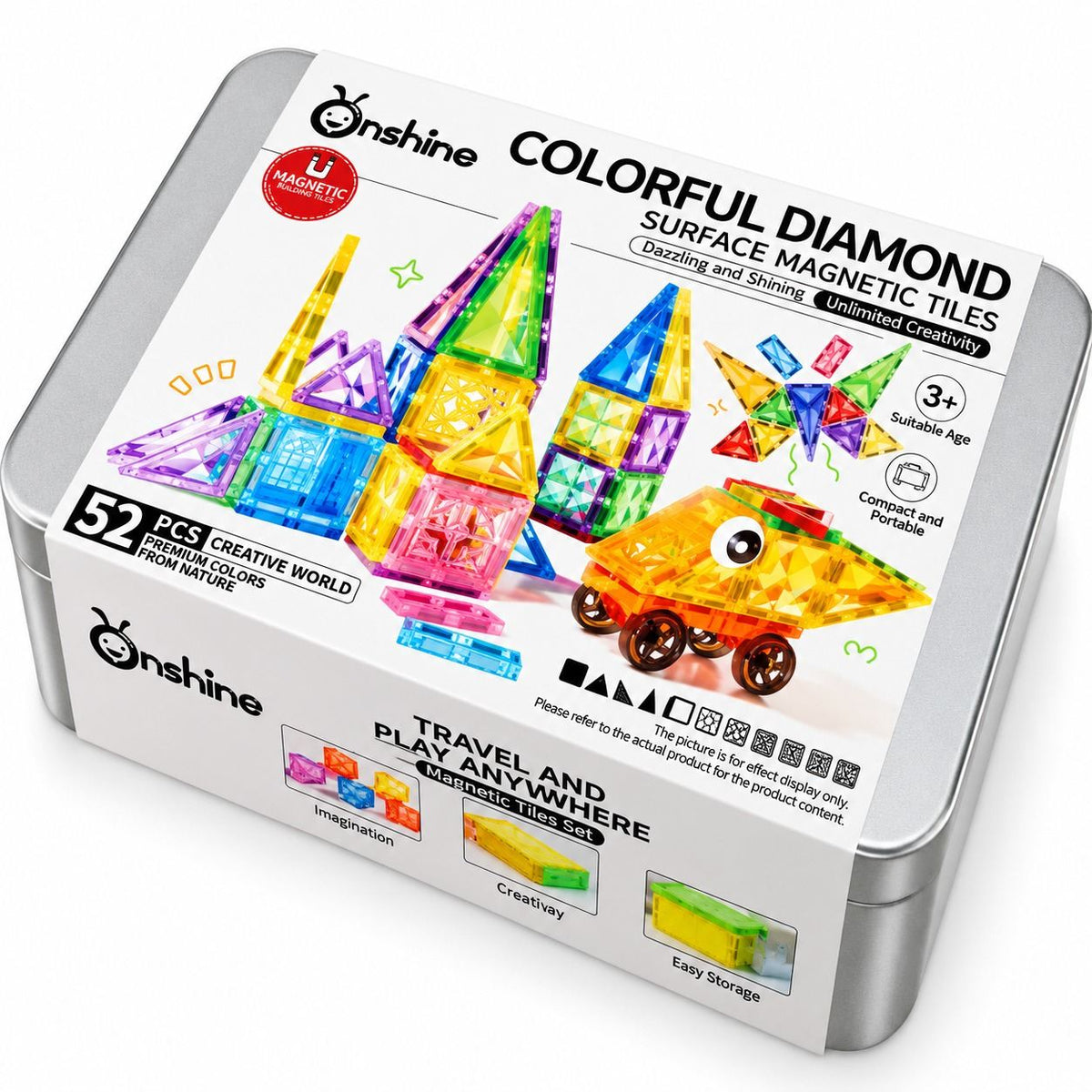 Colorful Diamond Surface Magnetic Tiles – 52-Piece Magnetic Building Set with Metal Storage Tin - Fun Learning Store