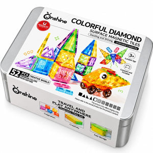 Colorful Diamond Surface Magnetic Tiles – 52-Piece Magnetic Building Set with Metal Storage Tin - Fun Learning Store