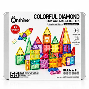 Colorful Diamond Surface Magnetic Tiles – 56-Piece Building Set with Metal Storage Case - Fun Learning Store