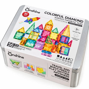Colorful Diamond Surface Magnetic Tiles – 56-Piece Building Set with Metal Storage Case - Fun Learning Store
