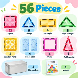 Colorful Diamond Surface Magnetic Tiles – 56-Piece Building Set with Metal Storage Case - Fun Learning Store