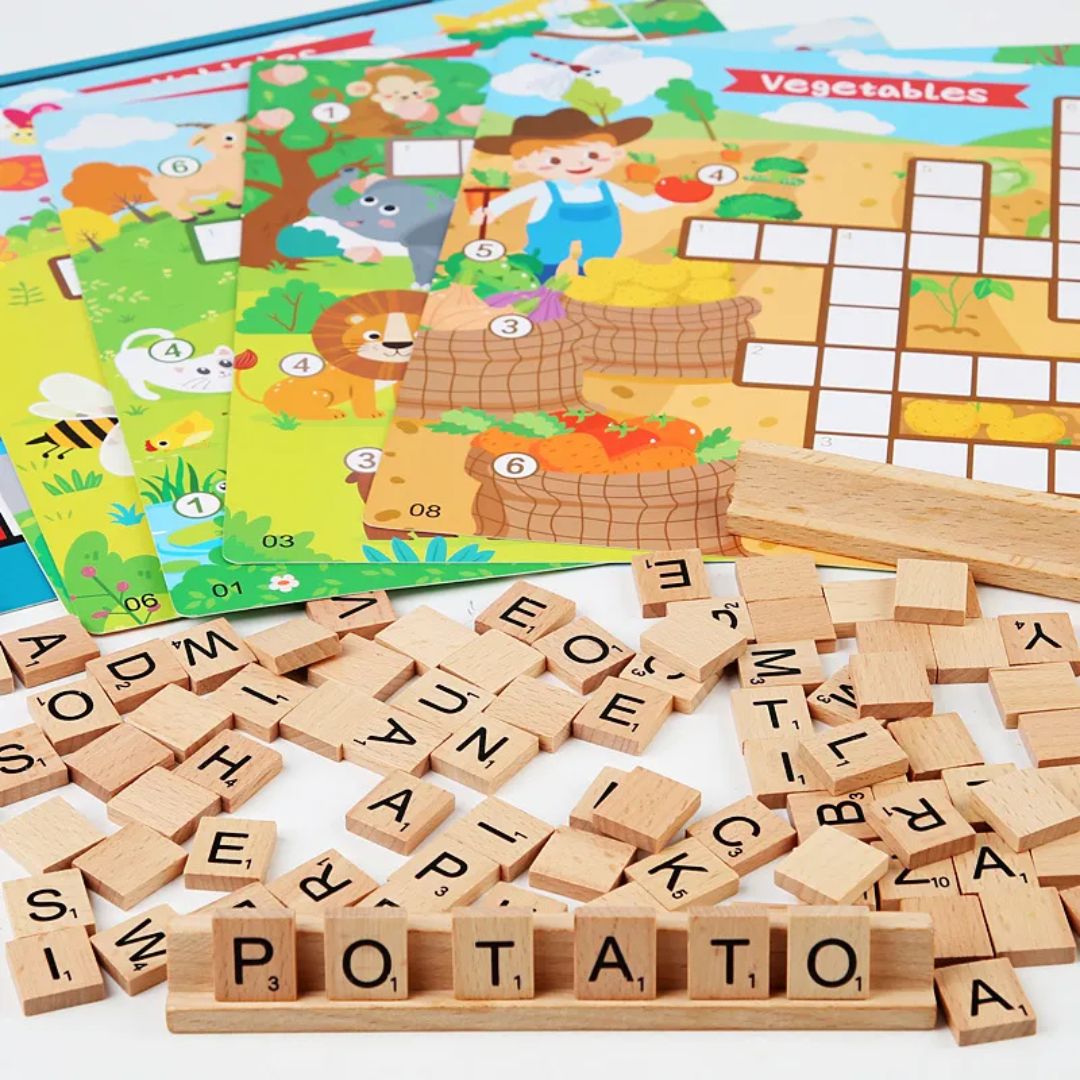 Crossword Puzzle Board Game: English Education Montessori Wooden Toy for Kids - Fun Learning Store