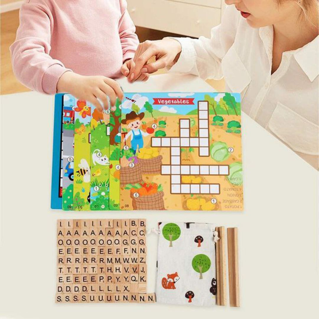 Crossword Puzzle Board Game: English Education Montessori Wooden Toy for Kids - Fun Learning Store