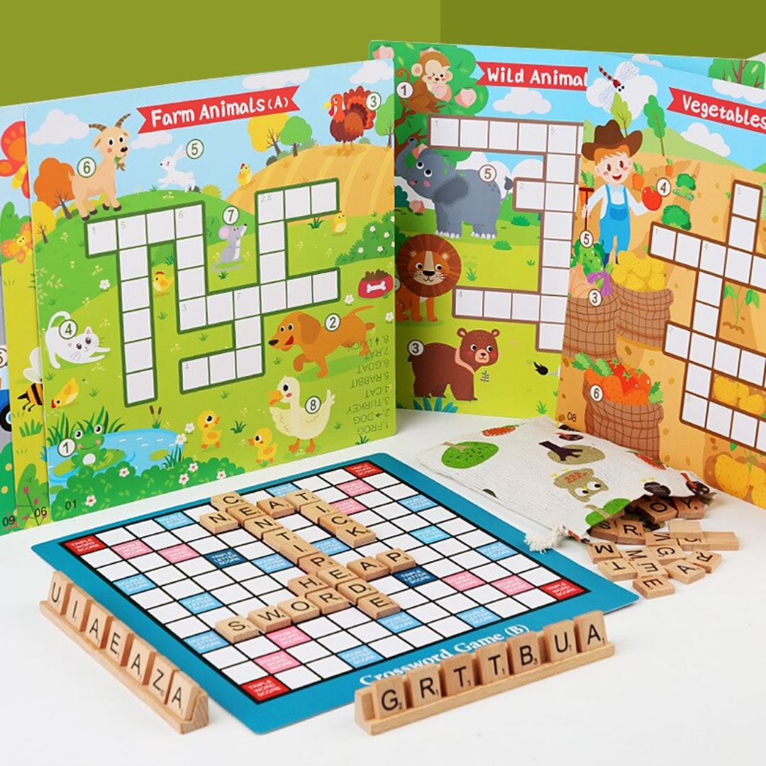 Crossword Puzzle Board Game: English Education Montessori Wooden Toy for Kids - Fun Learning Store