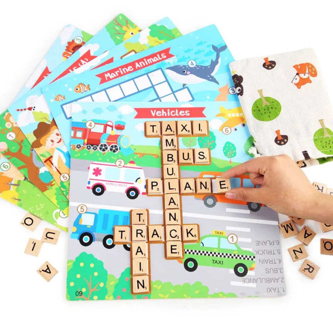 Crossword Puzzle Board Game: English Education Montessori Wooden Toy for Kids - Fun Learning Store