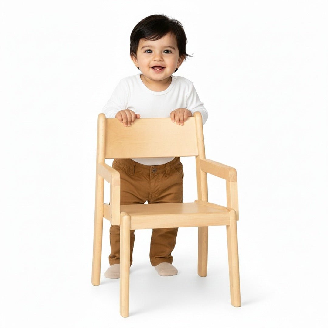 Deluxe Wooden Children’s Chair with Armrests – Natural Woody Finish for Supportive Classroom Seating - Fun Learning Store