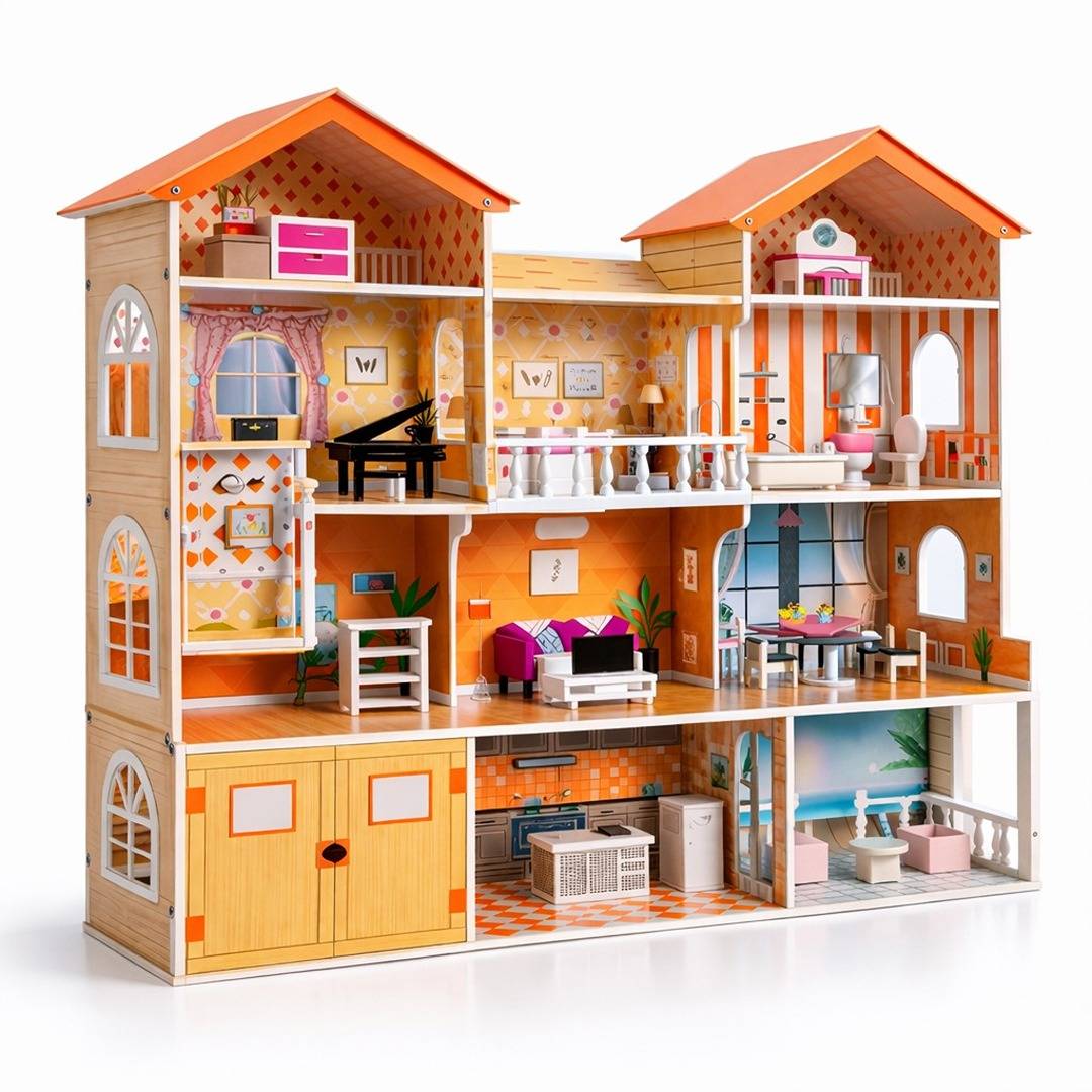 Deluxe Wooden Dollhouse: A Grand Three - Story Estate for Little Dreamers! - Fun Learning Store