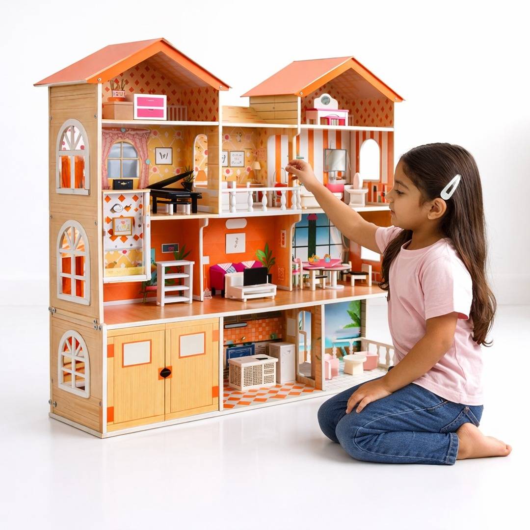 Deluxe Wooden Dollhouse: A Grand Three - Story Estate for Little Dreamers! - Fun Learning Store