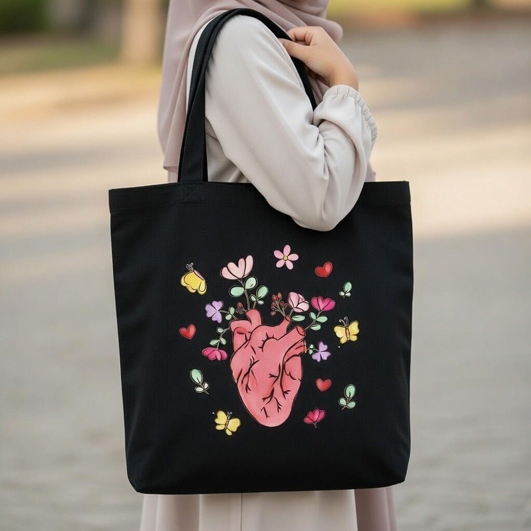 Elegant Tote Bag with Heart & Butterflies Print | Beautiful Bag For Girls - Fun Learning Store