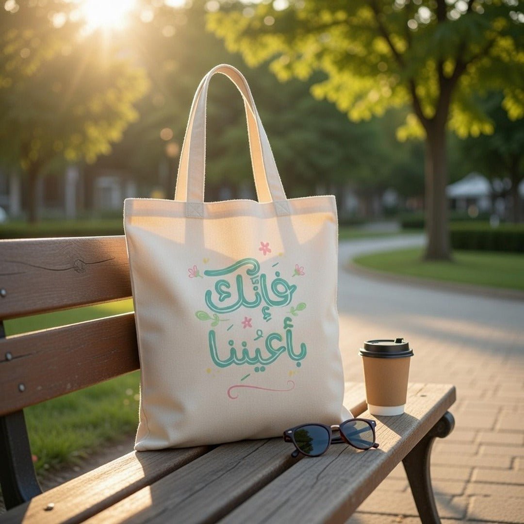 Elegant Tote Bag with Uplifting Quote – "فإنك بأعيننا" - Fun Learning Store