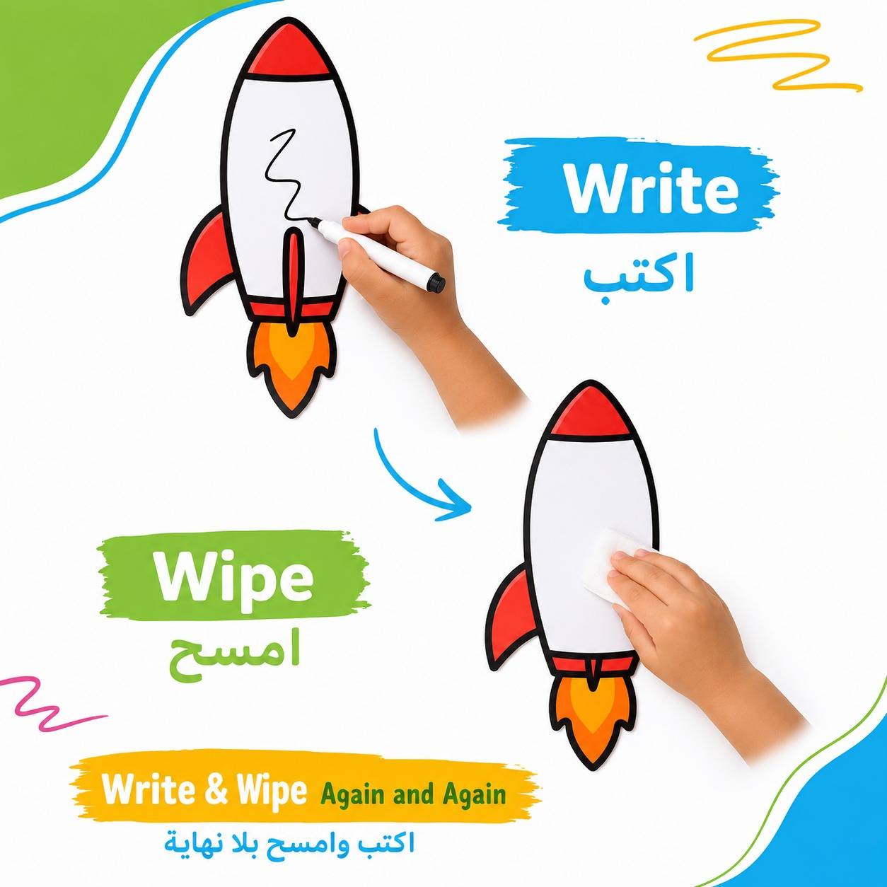 ألواح الكتابة التعليمية بتصميم الصواريخ – طقم من 6 قطع قابل لإعادة الاستخدام مغناطيسي لاستراتيجيات التعليم