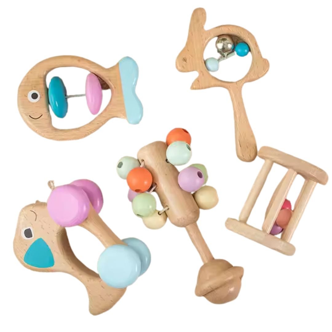 Hand Rings - Baby Wooden Rattle | 5 Pcs Sensory Toy for Infants - Fun Learning Store