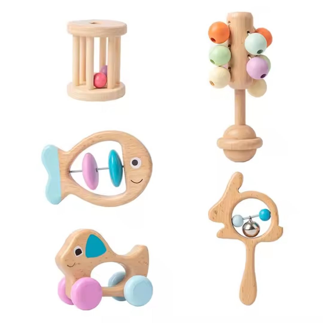 Hand Rings - Baby Wooden Rattle | 5 Pcs Sensory Toy for Infants - Fun Learning Store