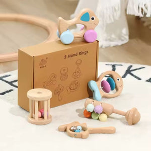 Hand Rings - Baby Wooden Rattle | 5 Pcs Sensory Toy for Infants - Fun Learning Store