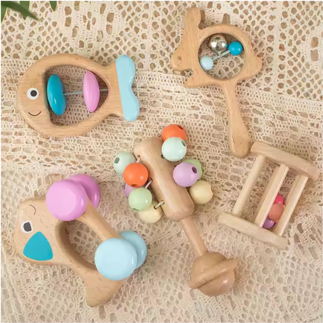 Hand Rings - Baby Wooden Rattle | 5 Pcs Sensory Toy for Infants - Fun Learning Store