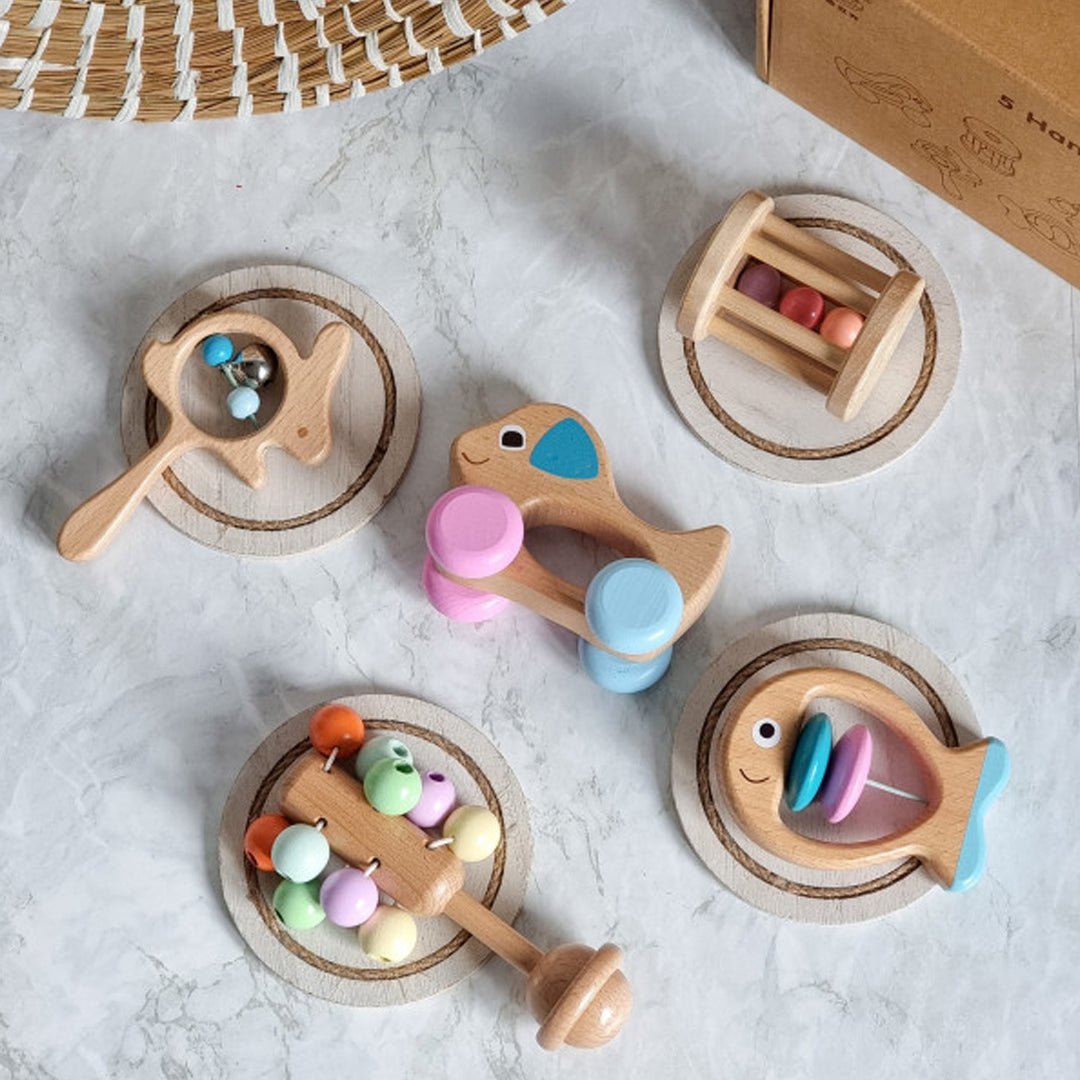 Hand Rings - Baby Wooden Rattle | 5 Pcs Sensory Toy for Infants - Fun Learning Store