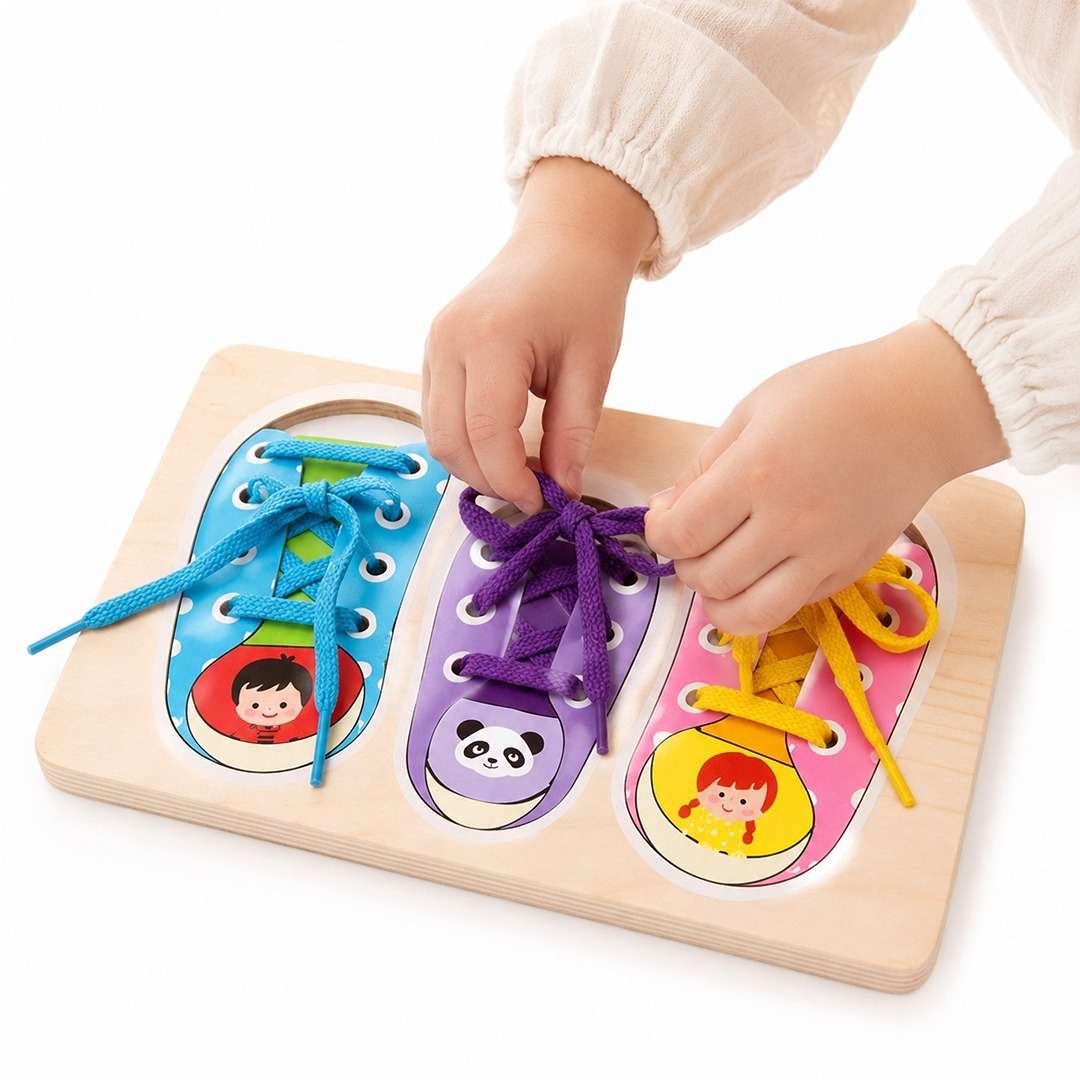 Montessori Wooden Shoe Tying Board for Kids – 3-Shoe Learning Toy for Toddlers - Fun Learning Store