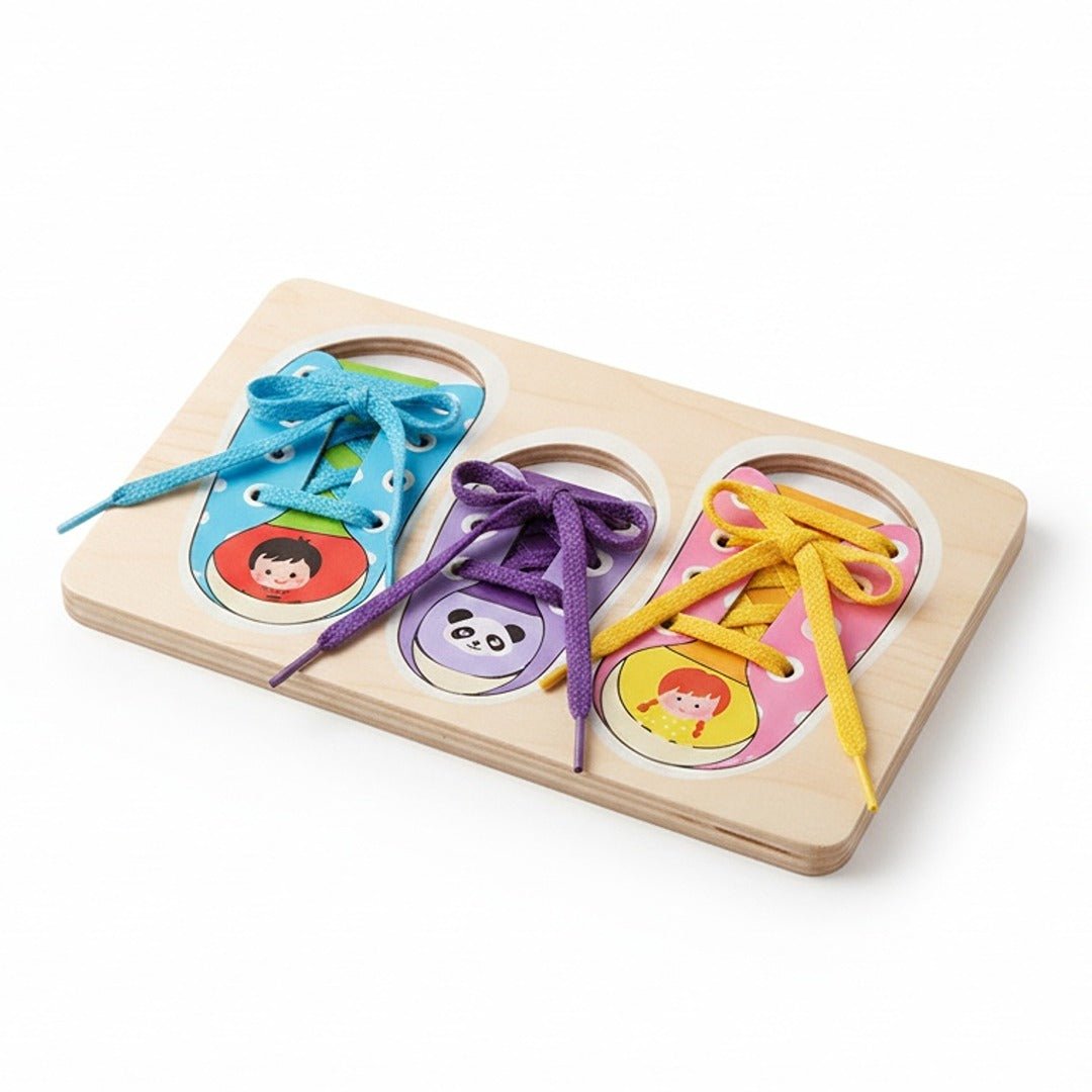 Montessori Wooden Shoe Tying Board for Kids – 3 - Shoe Learning Toy for Toddlers - Fun Learning Store