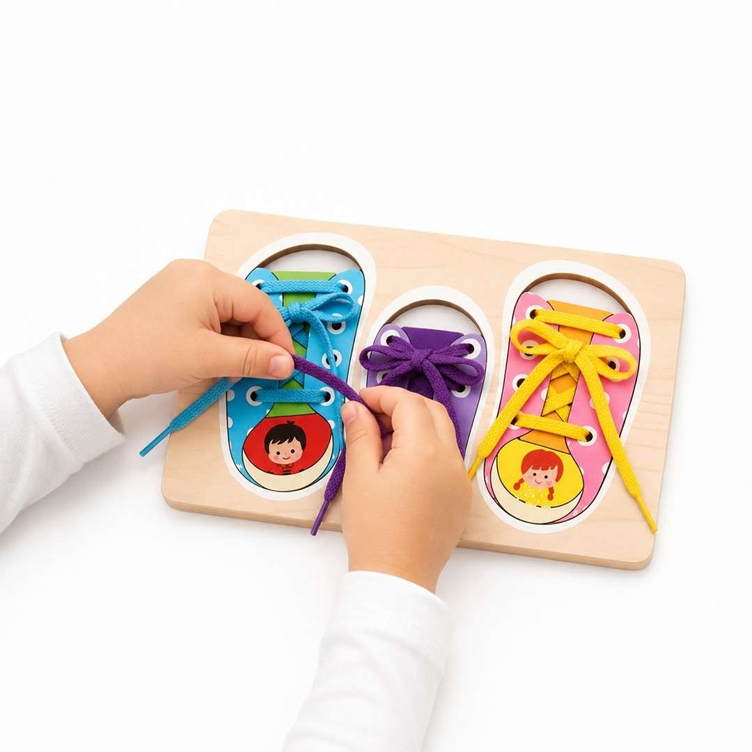 Montessori Wooden Shoe Tying Board for Kids – 3-Shoe Learning Toy for Toddlers - Fun Learning Store