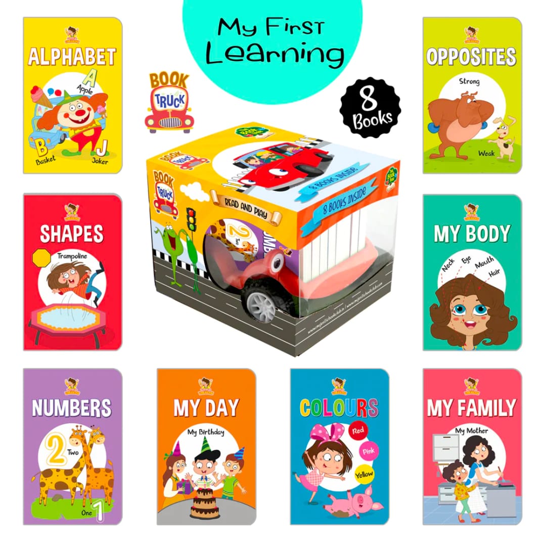 BOOK TRUCK OF 8 BEST BOARD BOOKS FOR KIDS PARKED IN A TRUCK - Fun Learning Store