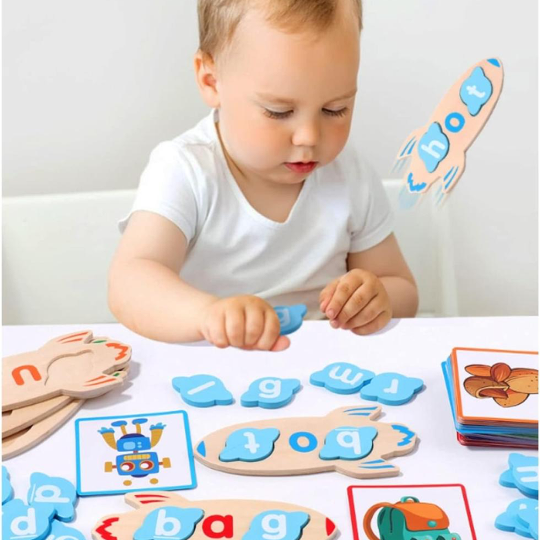 Montessori Matching Games Early Learning Alphabet Letter Cognition Toy for Kids: Rocket Educational Spelling Game Wooden Toys