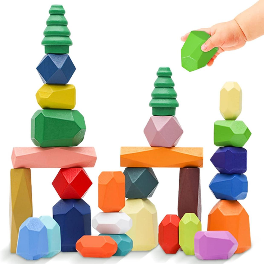 Wooden Sorting Stacking Rocks Balancing Stones,28PCS Stacking Blocks Balancing Stones for Toddler, Preschool Learning Montessori Sensory Toys for 3+ Year Old Boy Girl