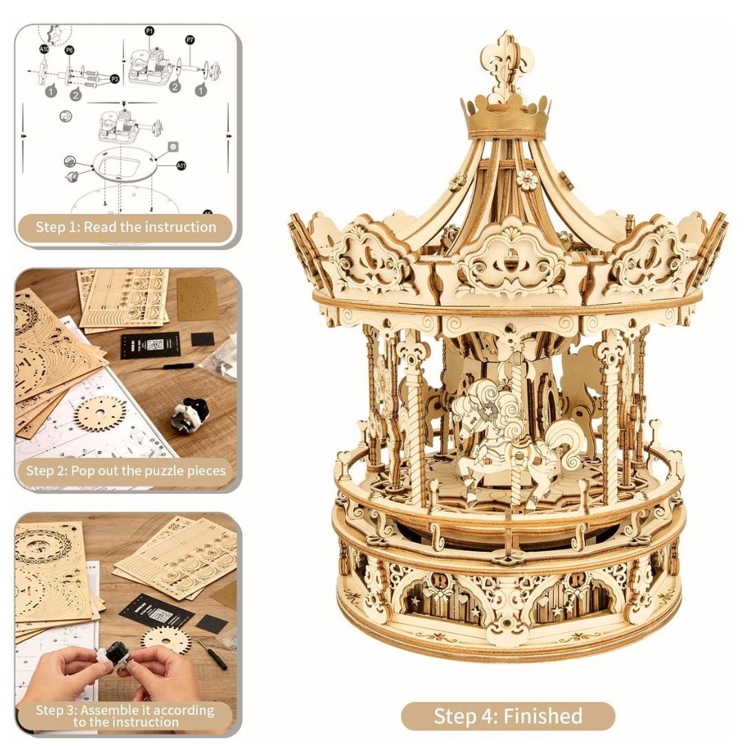 Romantic Carousel: Robotime 3D Wooden Puzzle Mechanical Gear Music Box - Fun Learning Store