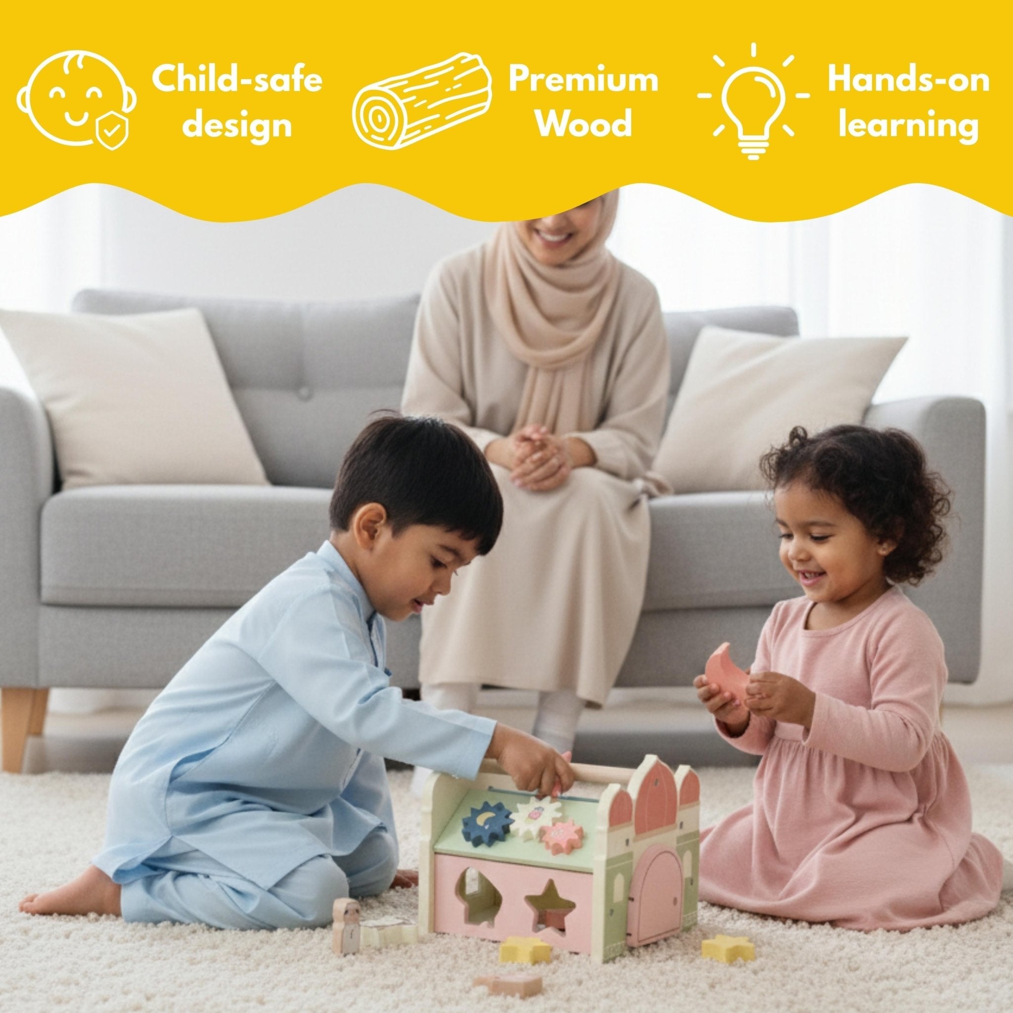 Salah Time Islamic Wooden Mosque Shape Sorter for Curious Little Minds - Fun Learning Store