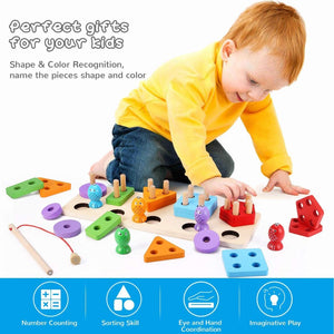 Shape Nest and Fishing Puzzle - Wooden Magnetic Sorting Toy for Kids - Fun Learning Store